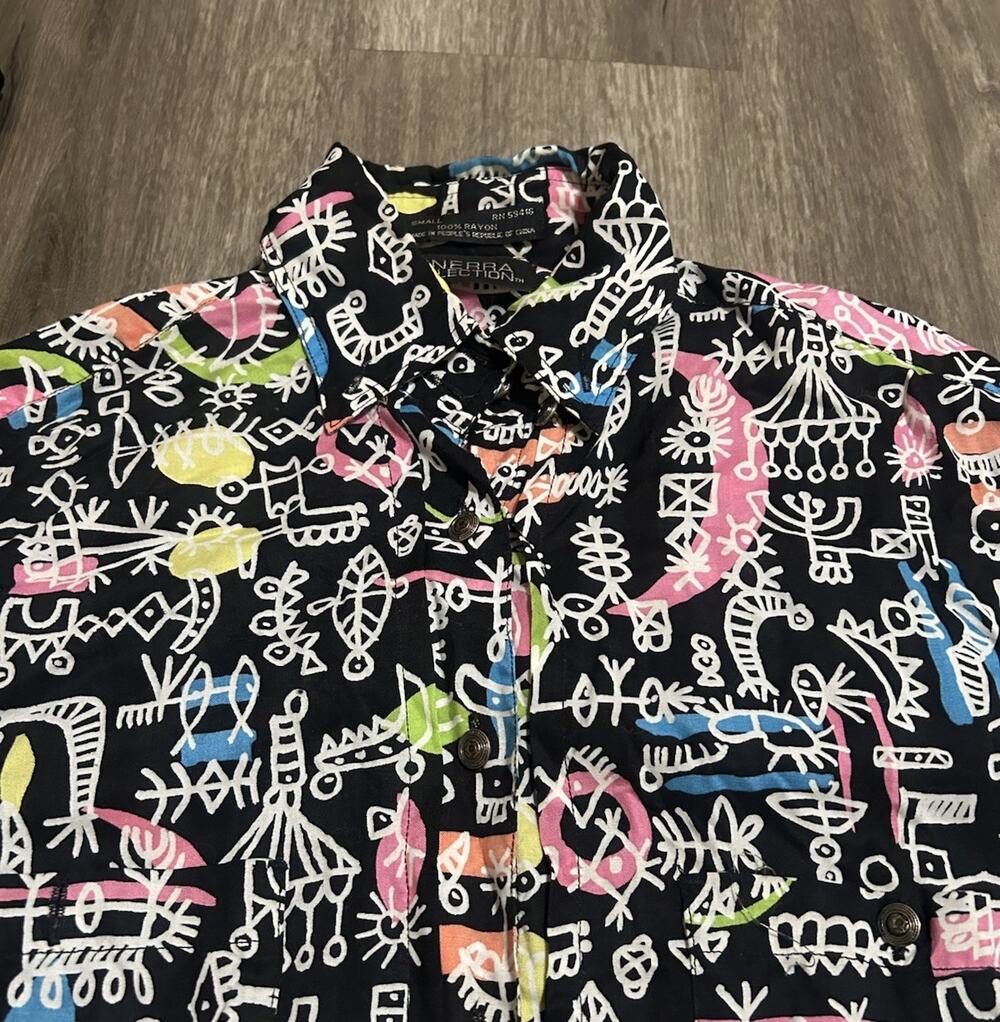 Vintage 80s 90s Generra Collection Rayon Tribal Geometric Shirt Long Sleeve S